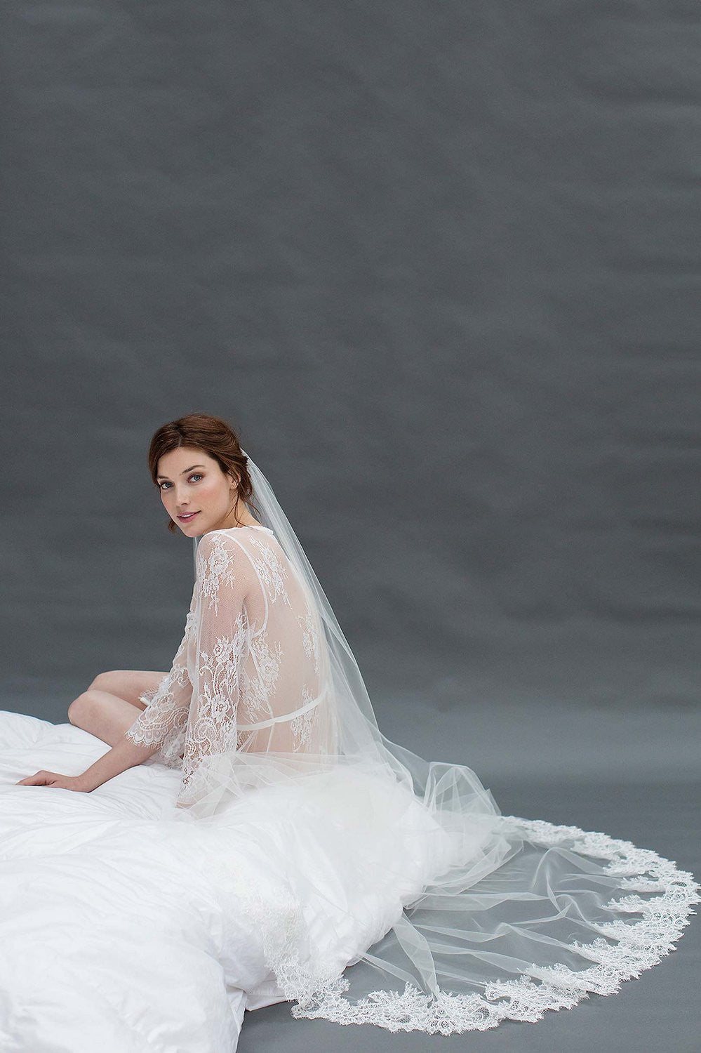 alencon lace wedding dress Amanda Cathedral delicate and sheer alencon lace veil in ivory