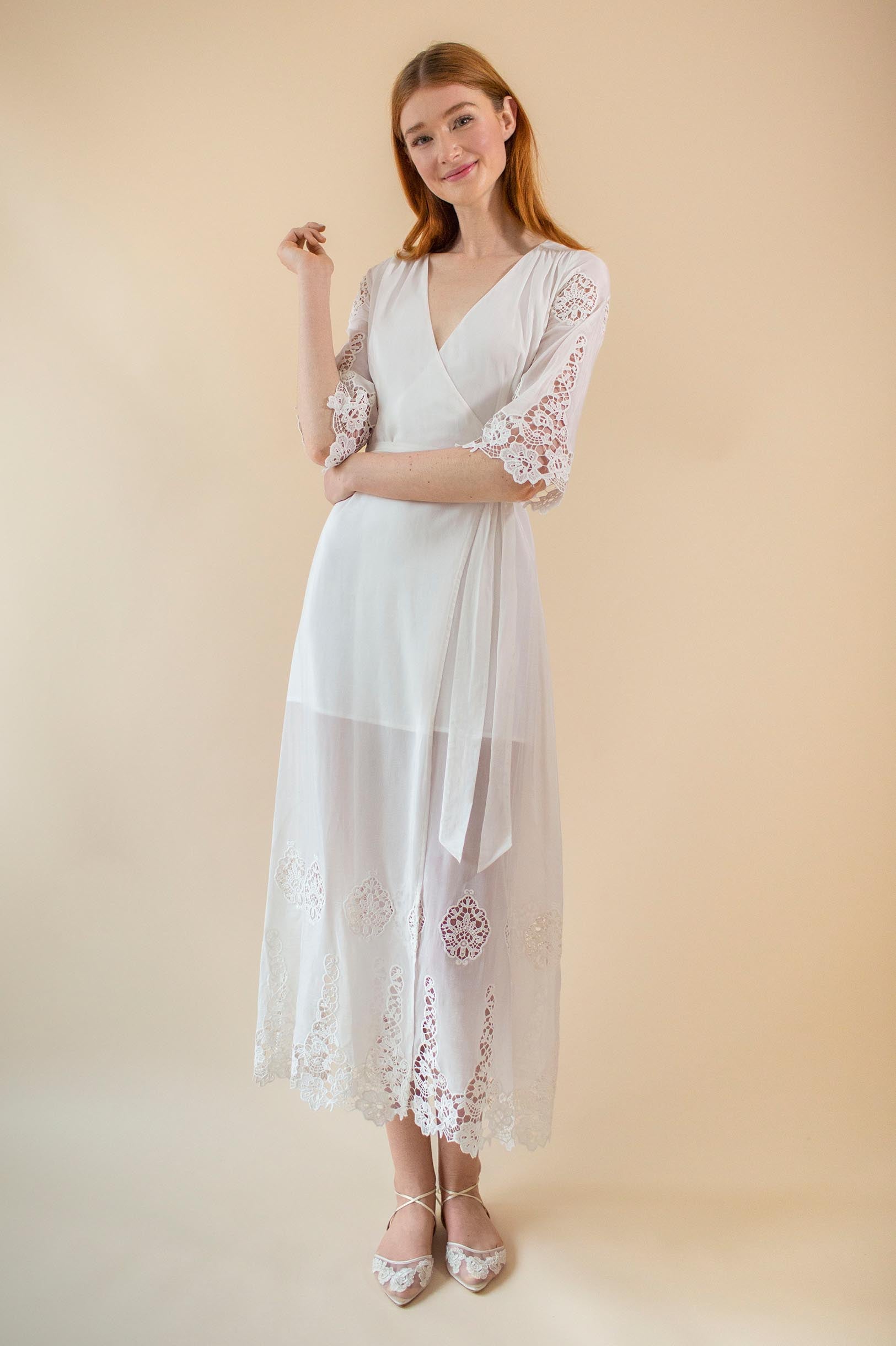 Azalea Broderie Anglaise crochet wrap maxi robe dress