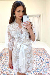 Swan Queen silk and lace robe kimono Ivory with nude lining - style 104SH