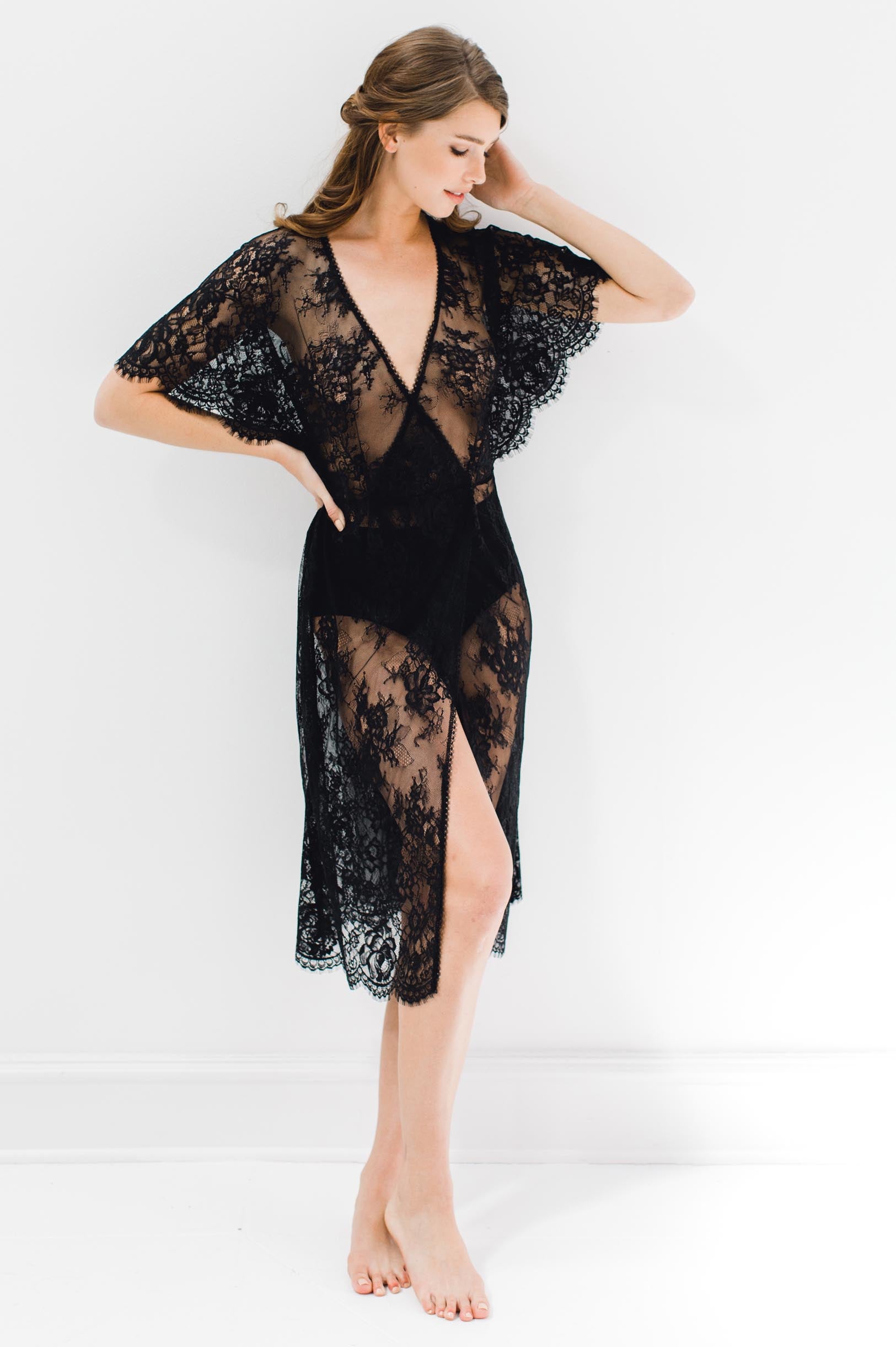 kimono and black dress Anita Midi lace robe with flutter kimono sleeves in Black