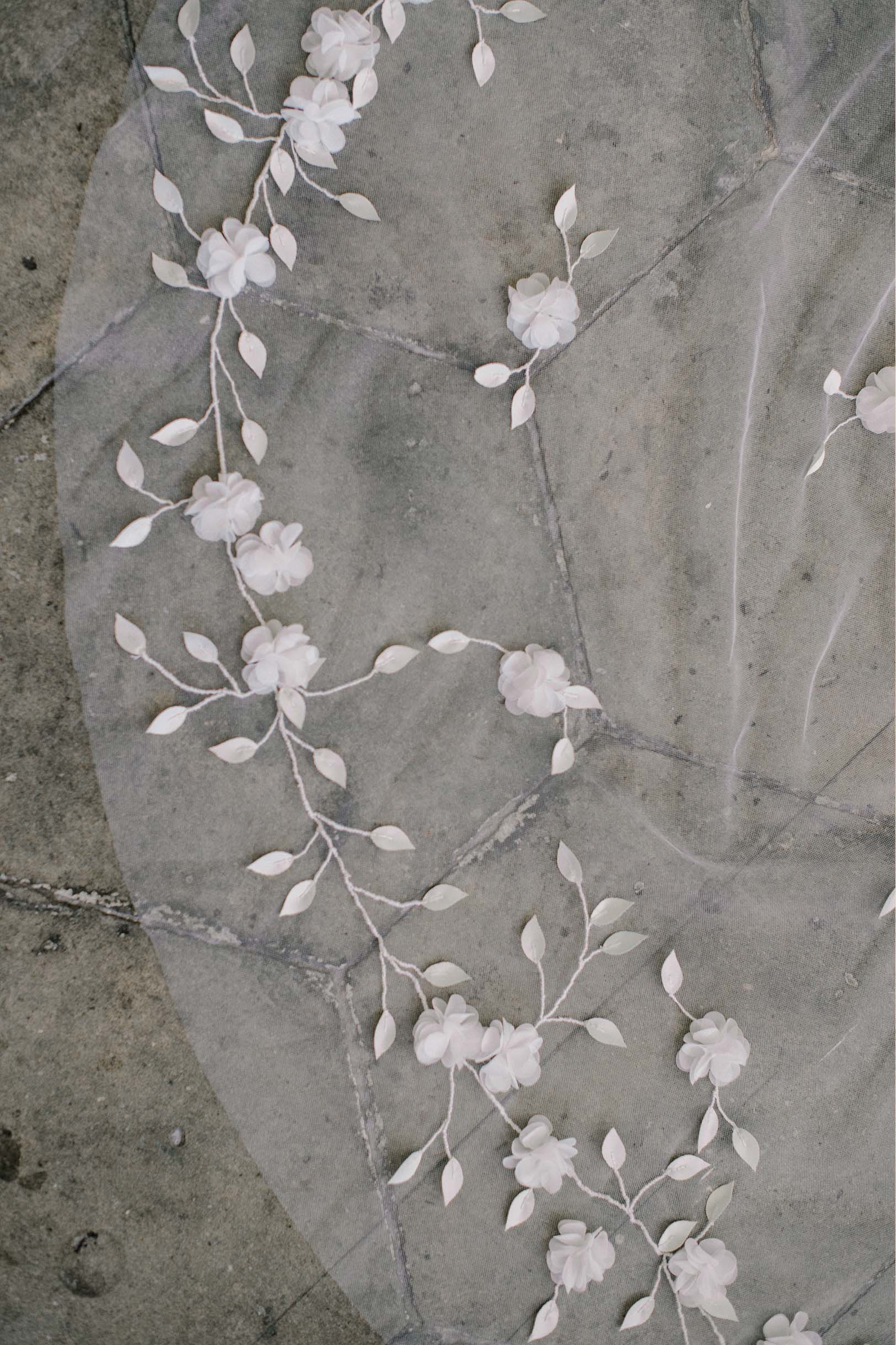 Cathedral Veil Hand embroidered Ivory vines with 3D flowers and leaves