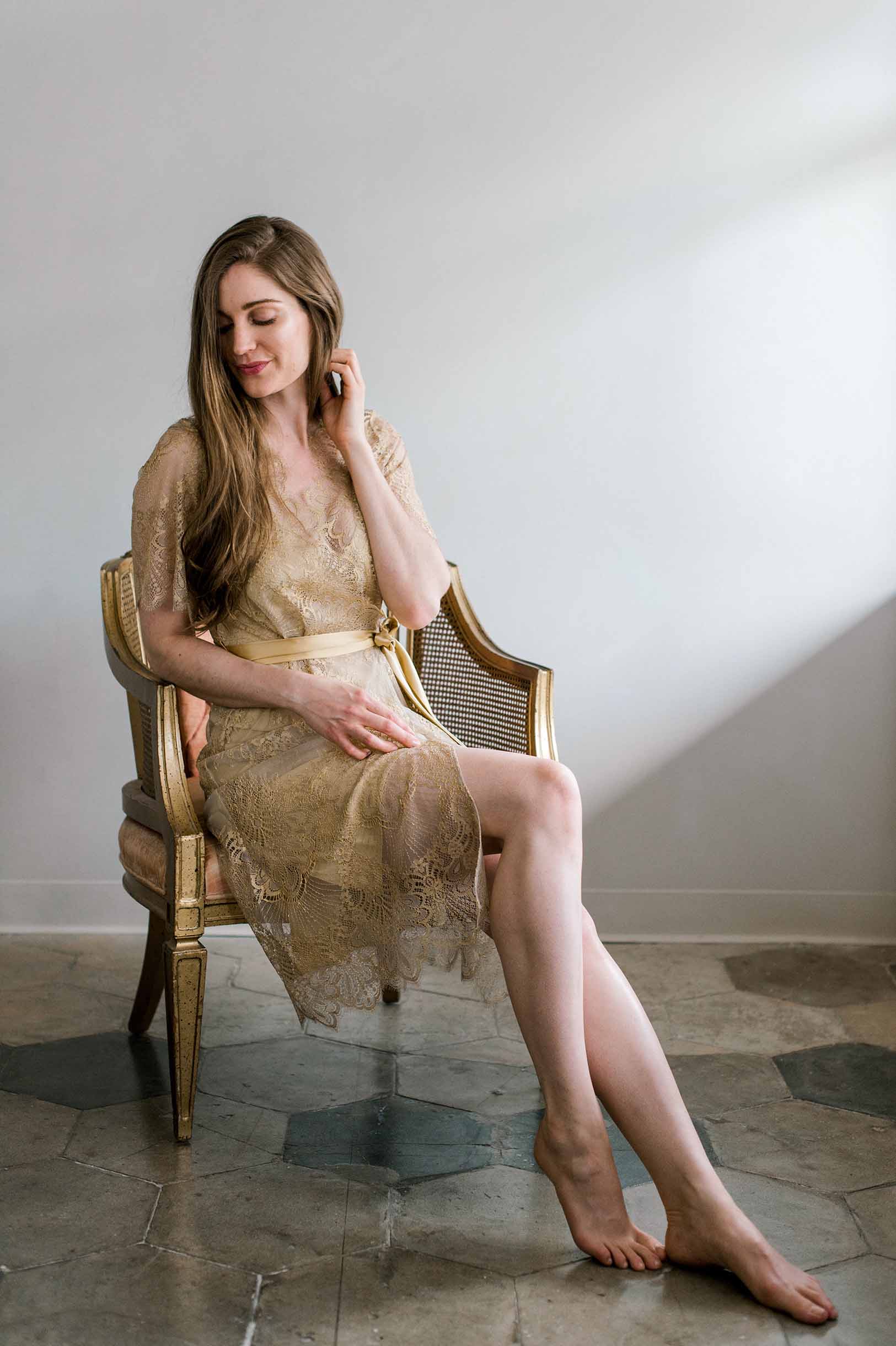 Harlow Midi lace robe with flutter sleeves in Gold