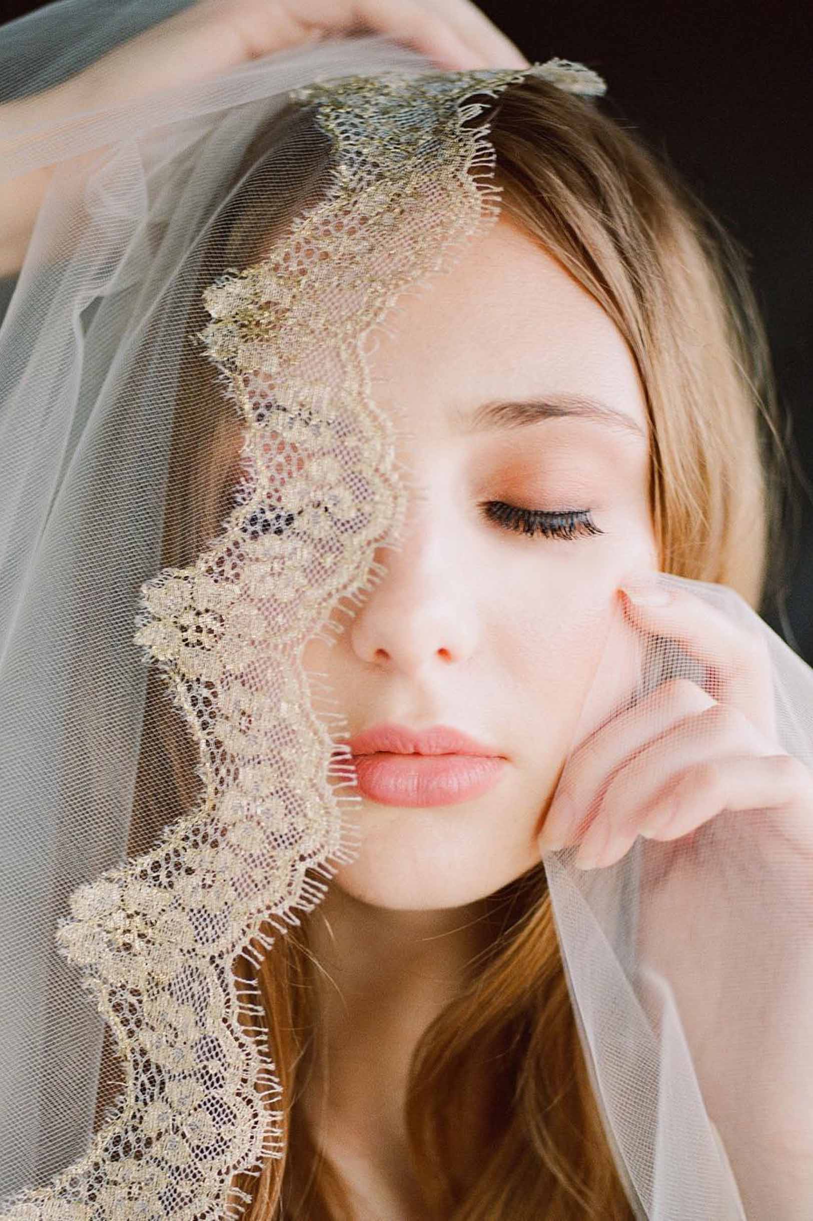 Lille Gilded French Lace mantilla veil in Ivory or Gold