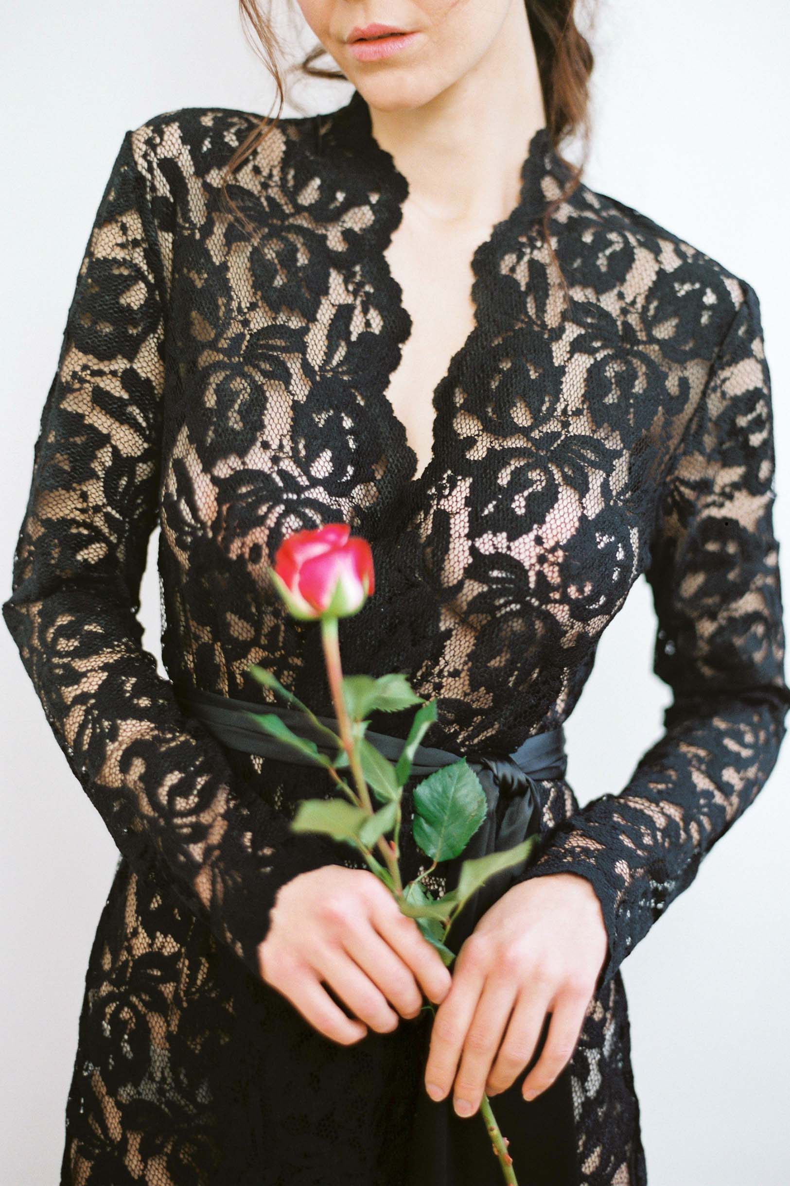 Lauren Stretch French Lace Robe in Black Lauren Stretch French Lace Robe in Black