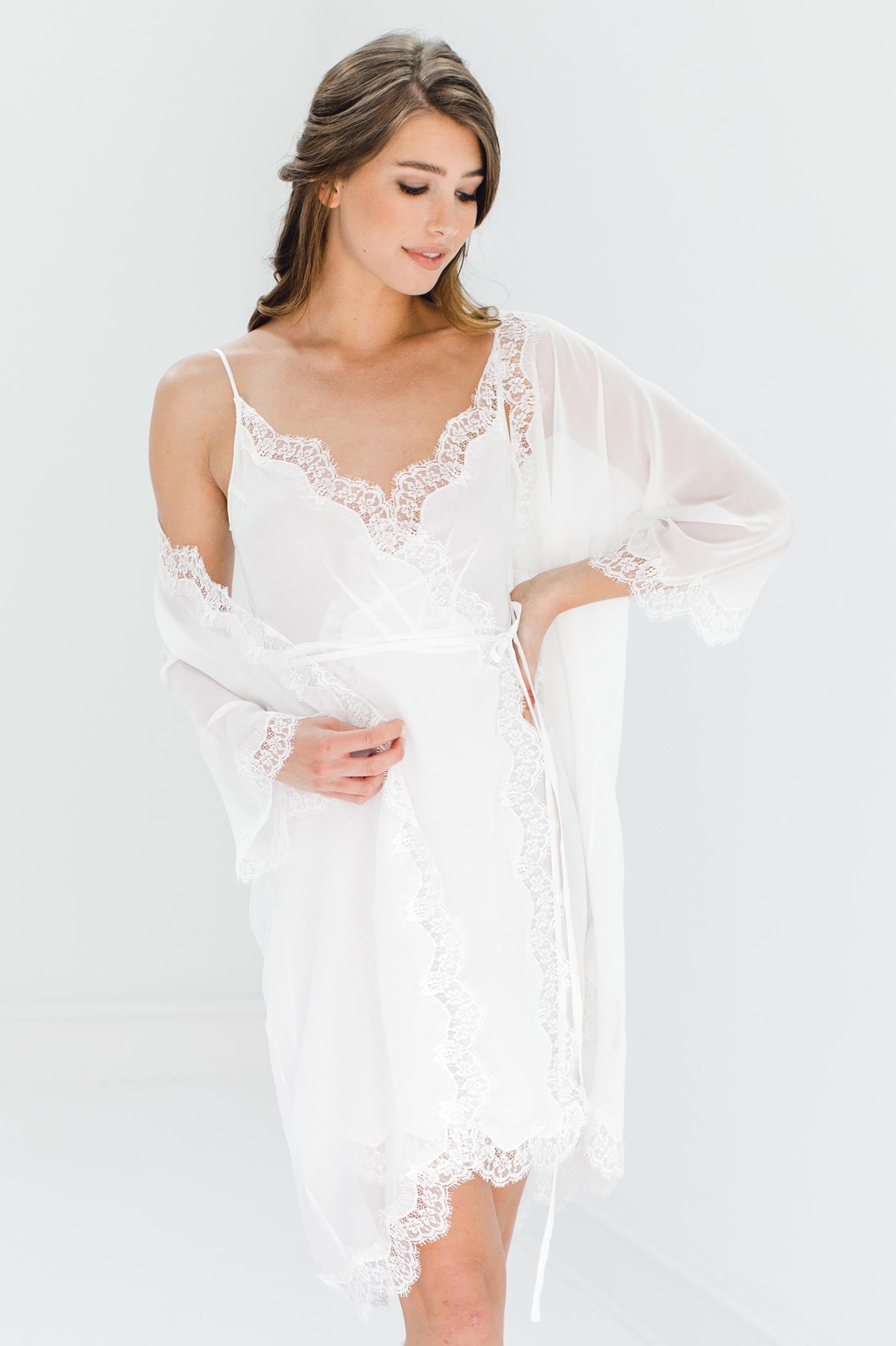 lily white kimono Lille Silk Chiffon and lace kimono robe in Ivory