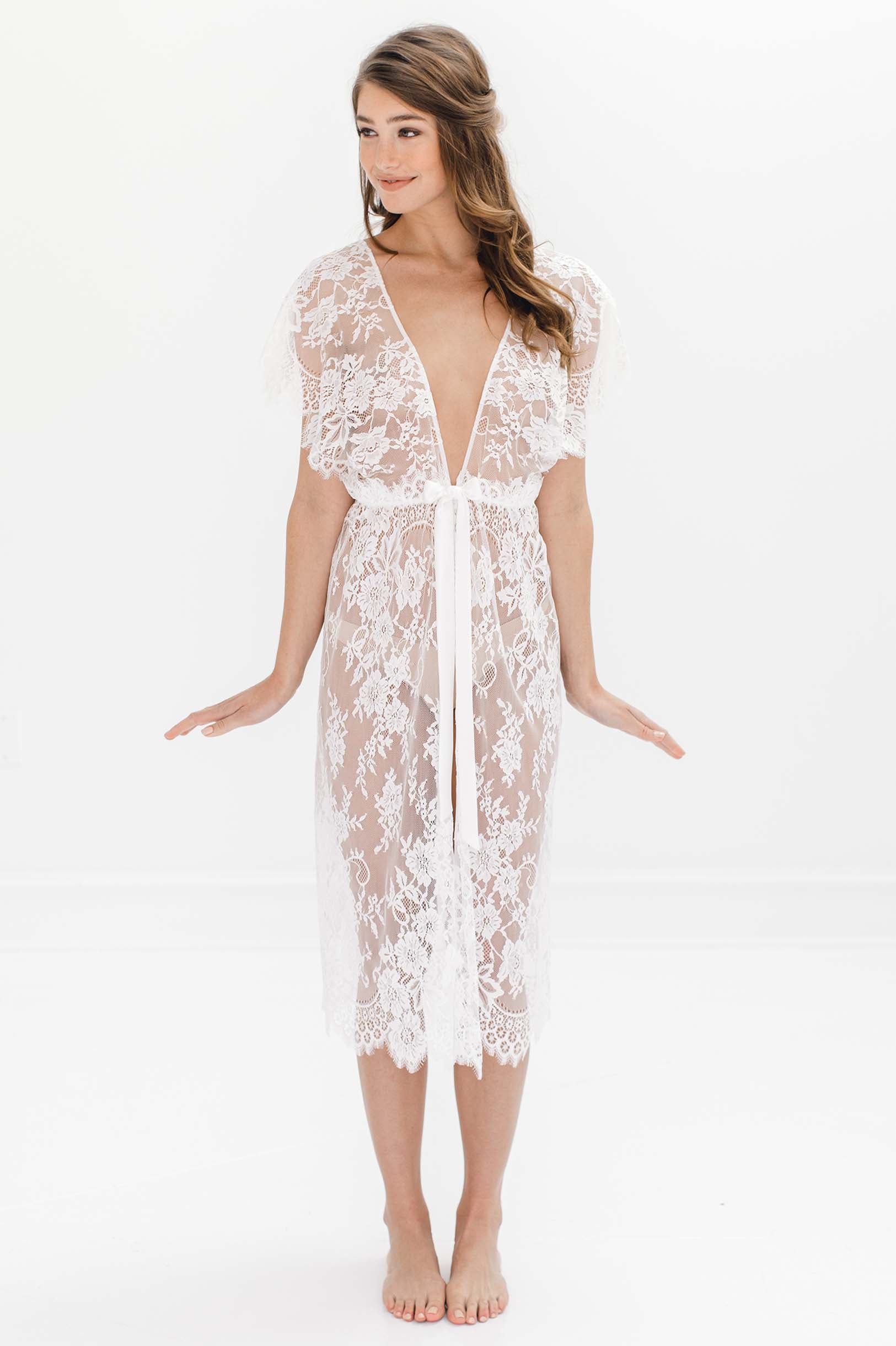 Margot Midi lace kimono robe in Black
