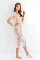 Margot Midi lace kimono robe in Blush pink