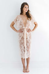 Margot Midi lace kimono robe in Blush pink