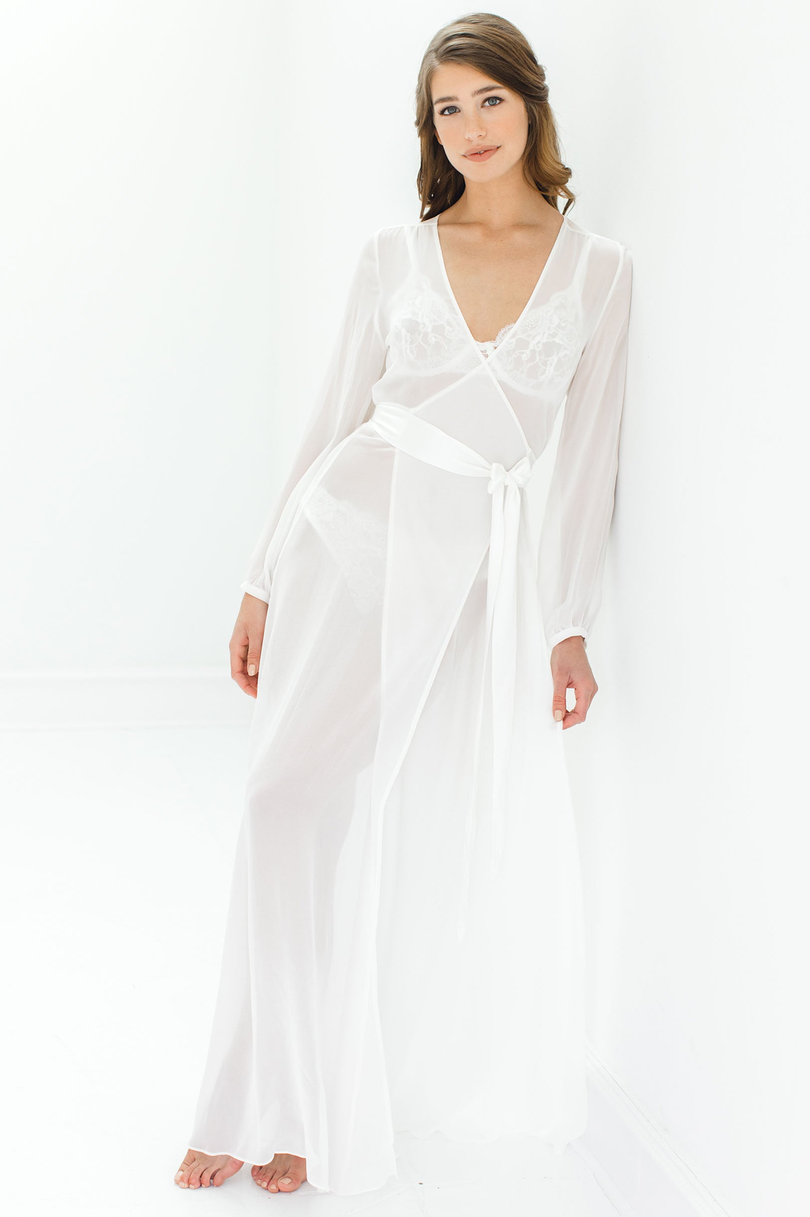 Nina Silk Chiffon Wrap Robe in Ivory