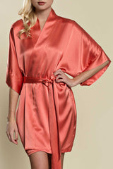 Samantha Silk Kimono Robe in Coral - style 300