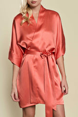 Samantha Silk Kimono Robe in Coral - style 300