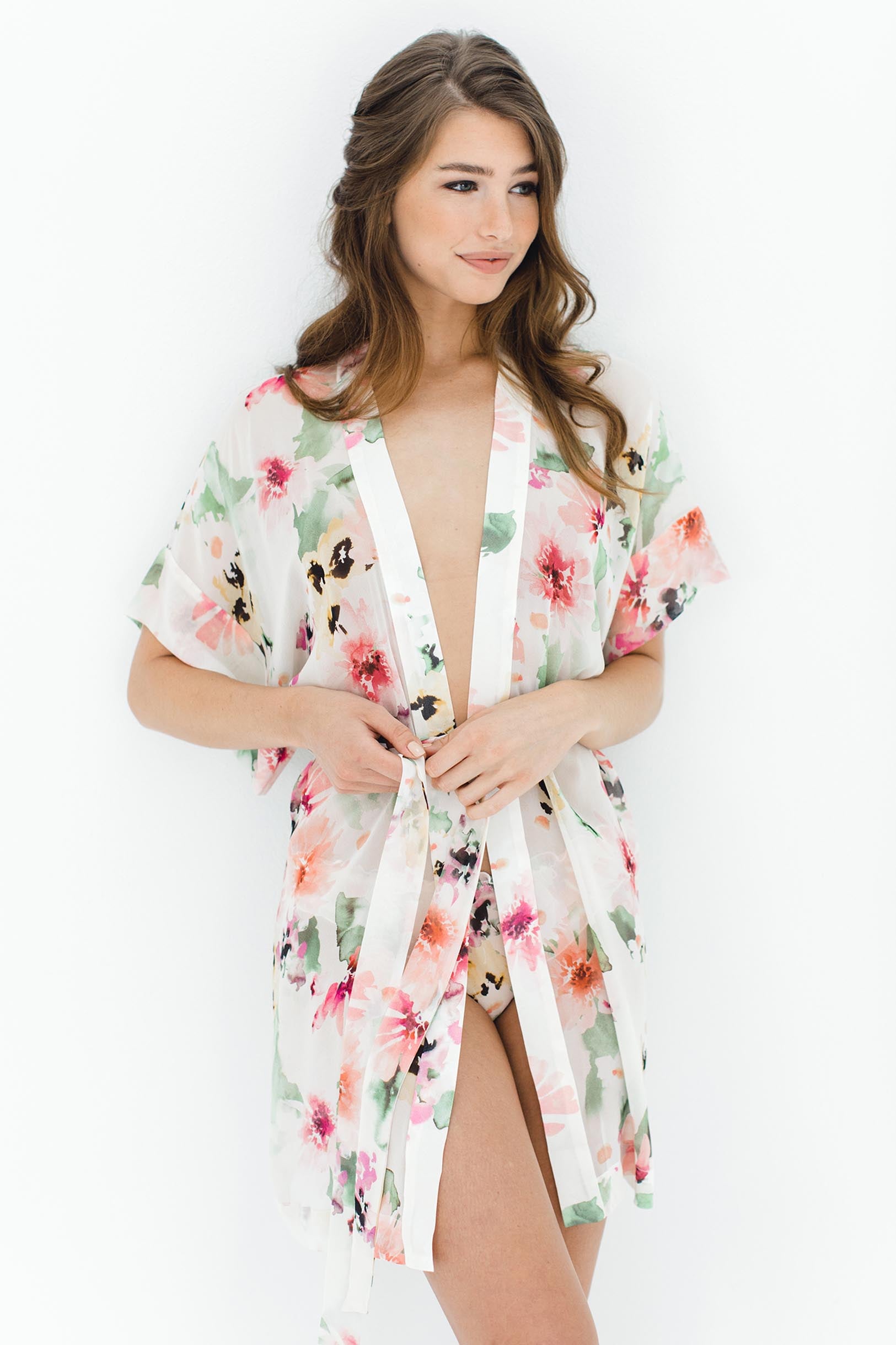 Watercolor Dreams Floral print Silk Chiffon Kimono Robe