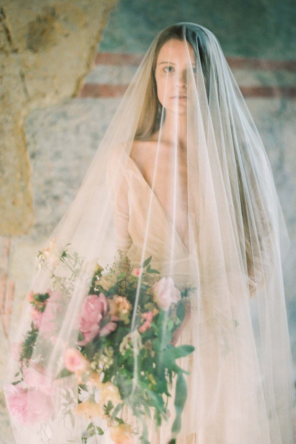 Heirloom blusher sheer Firm Silk Tulle veil in Ivory display picture 2