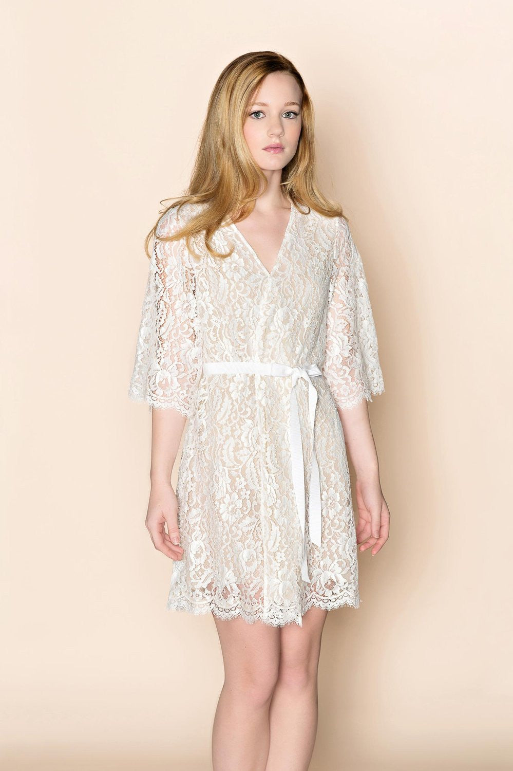 Kate French Lace & silk lined wedding robe wrap in off white