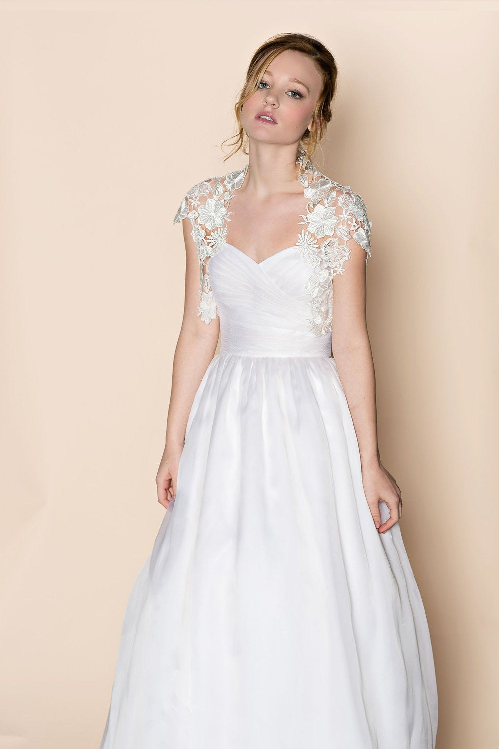 Krista Italian Lace Long Sleeve Bolero in Ivory Floral Applique off White  Bridal Shrug Elegant Wedding Jacket Cover Up Fine Guipure Lace 