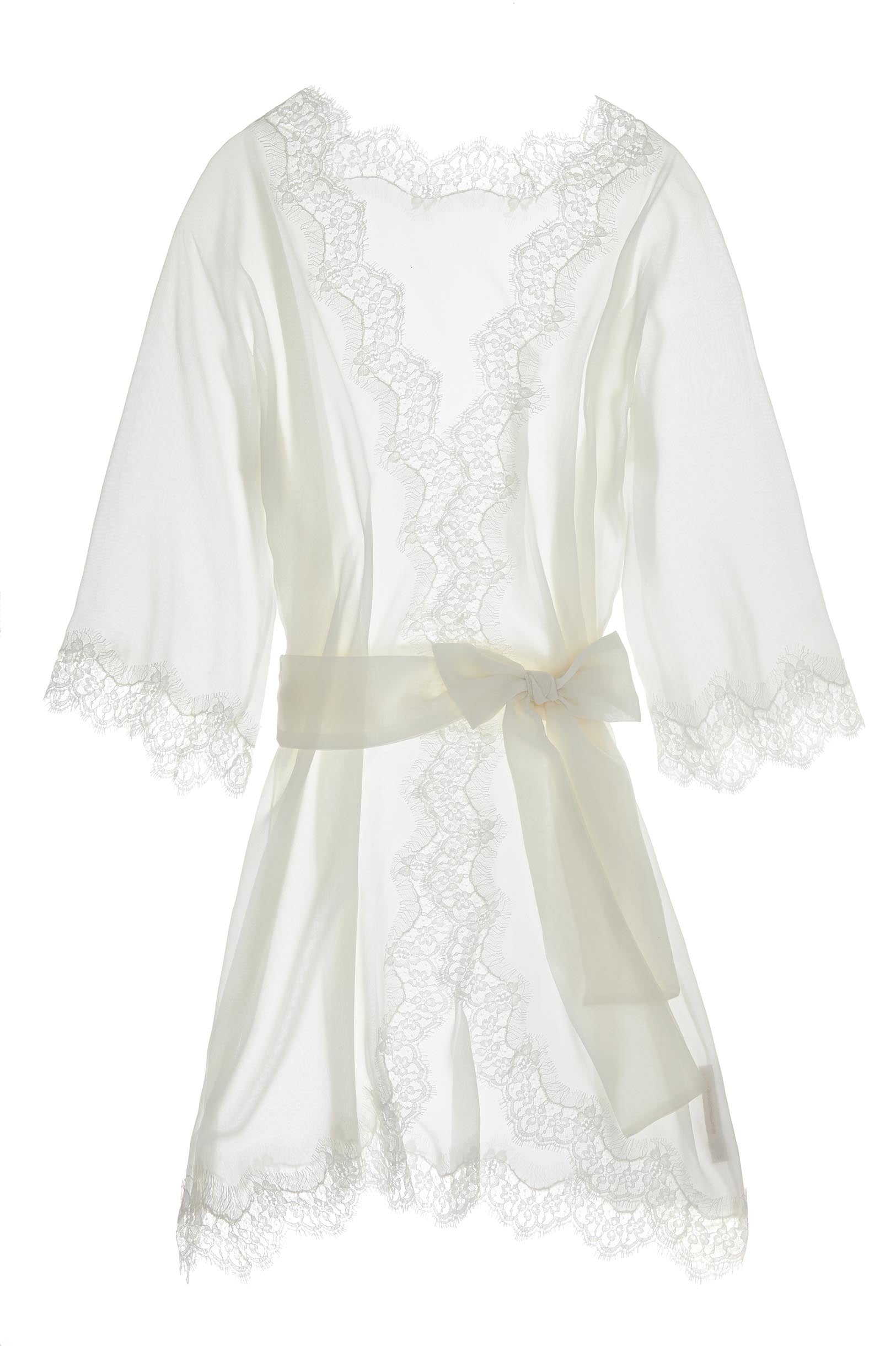 Lille Silk Chiffon and lace kimono robe in Ivory