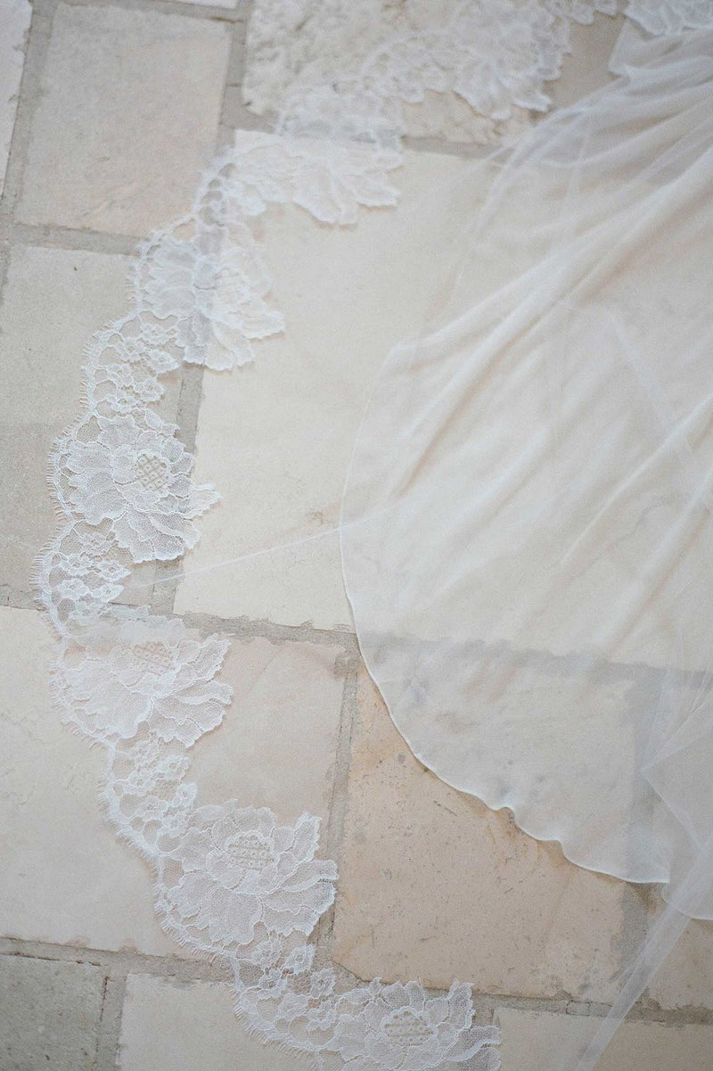 Roseline French Lace Cathedral Veil in Ivory or Off-white - style V70