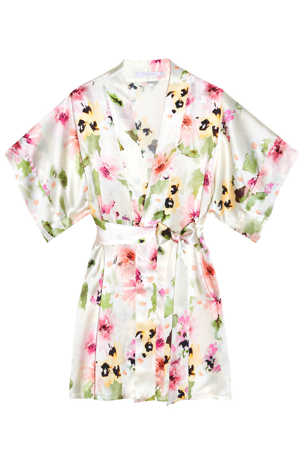 Samantha Silk Kimono Robe in Watercolor Dreams floral print