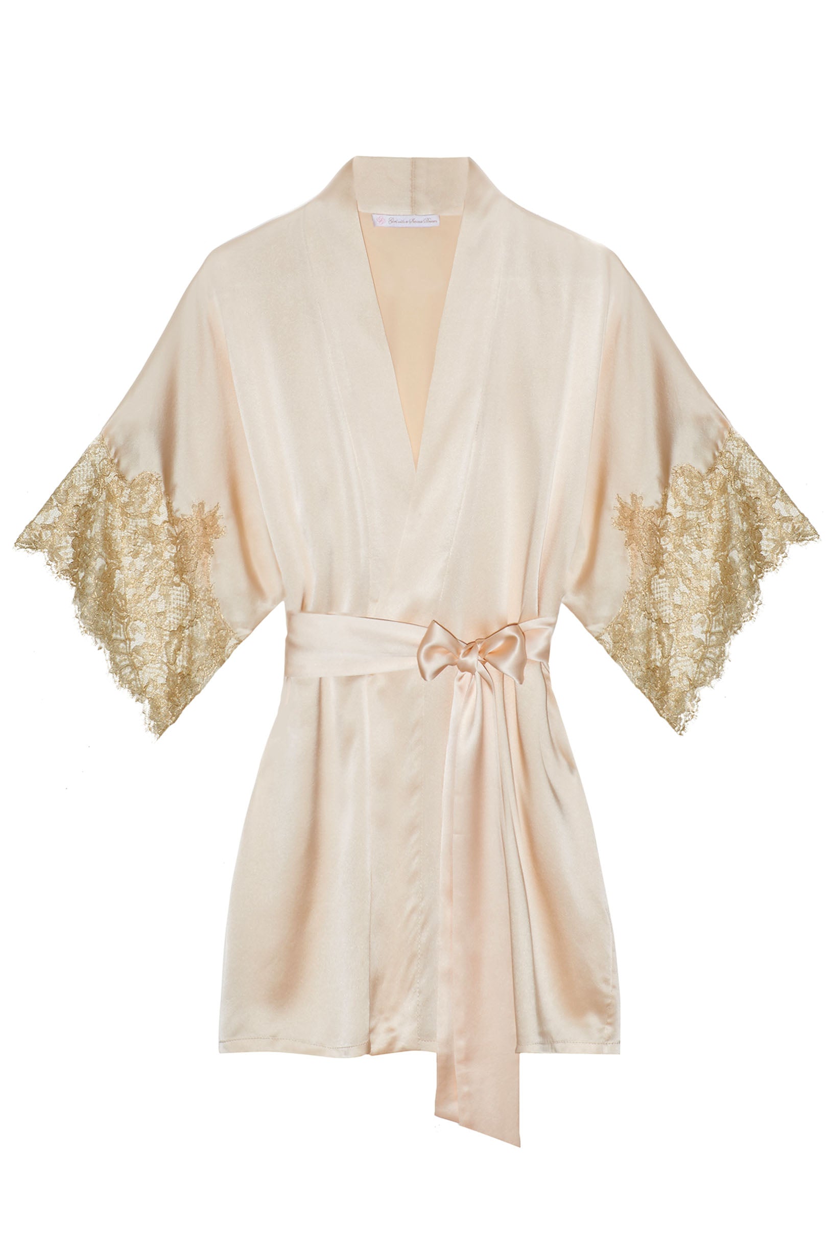 Tara Gilded Silk Kimono robe in Blush pink gold lace