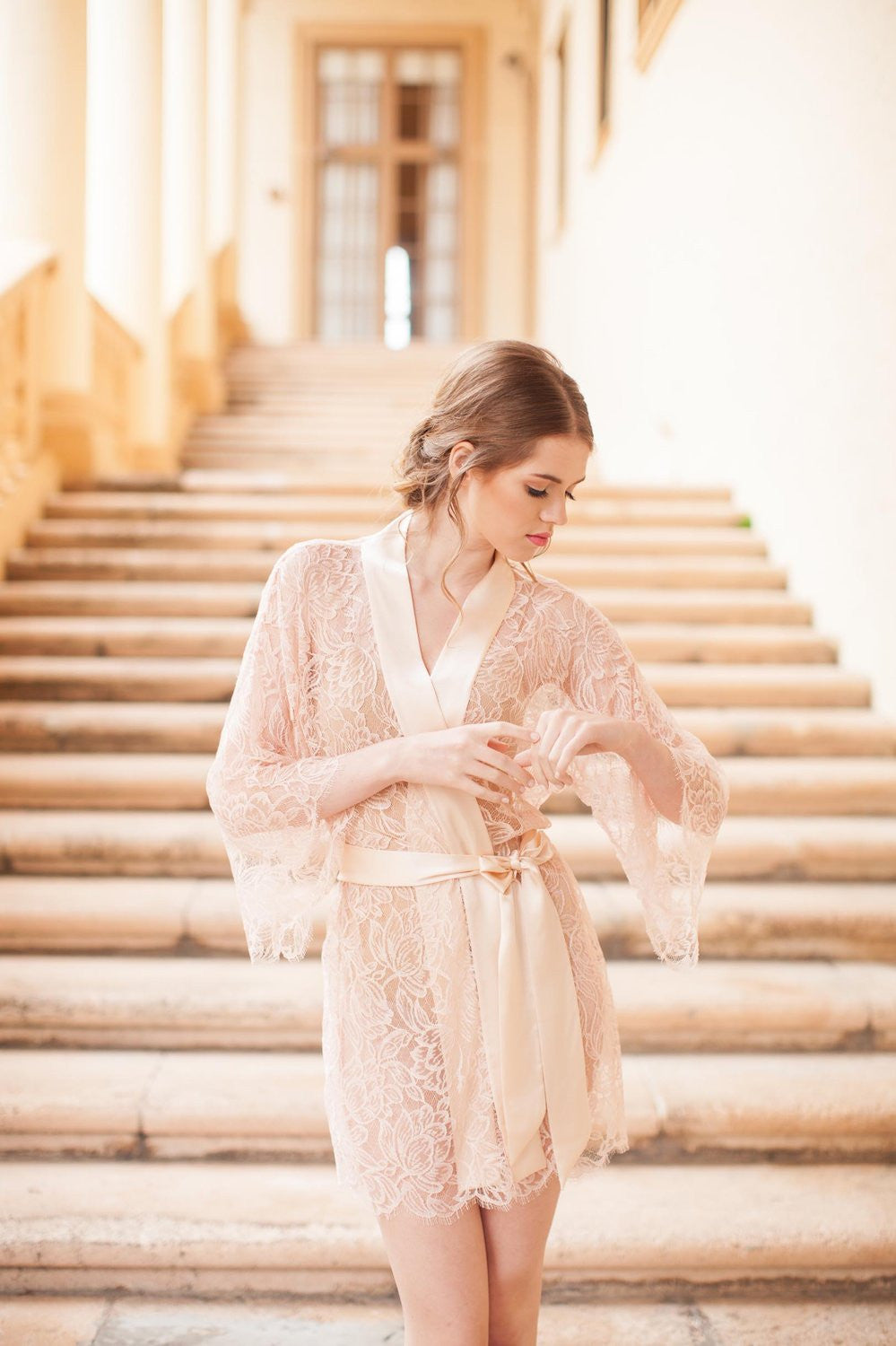 Tulip French Lace Silk Bridal Kimono Robe in Blush Pink Vera