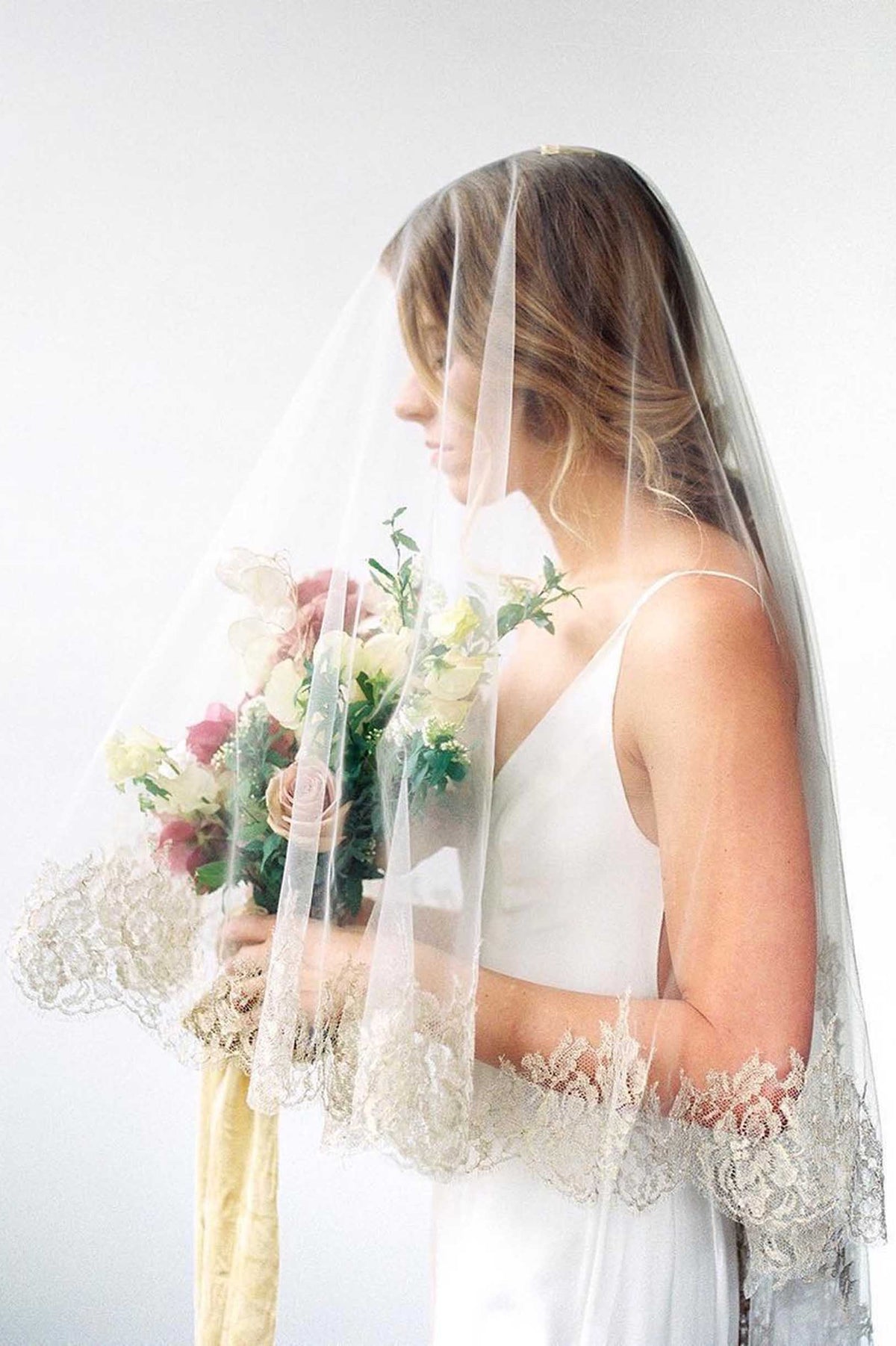 Versailles Gilded French Lace drop blusher veil in Ivory Gold