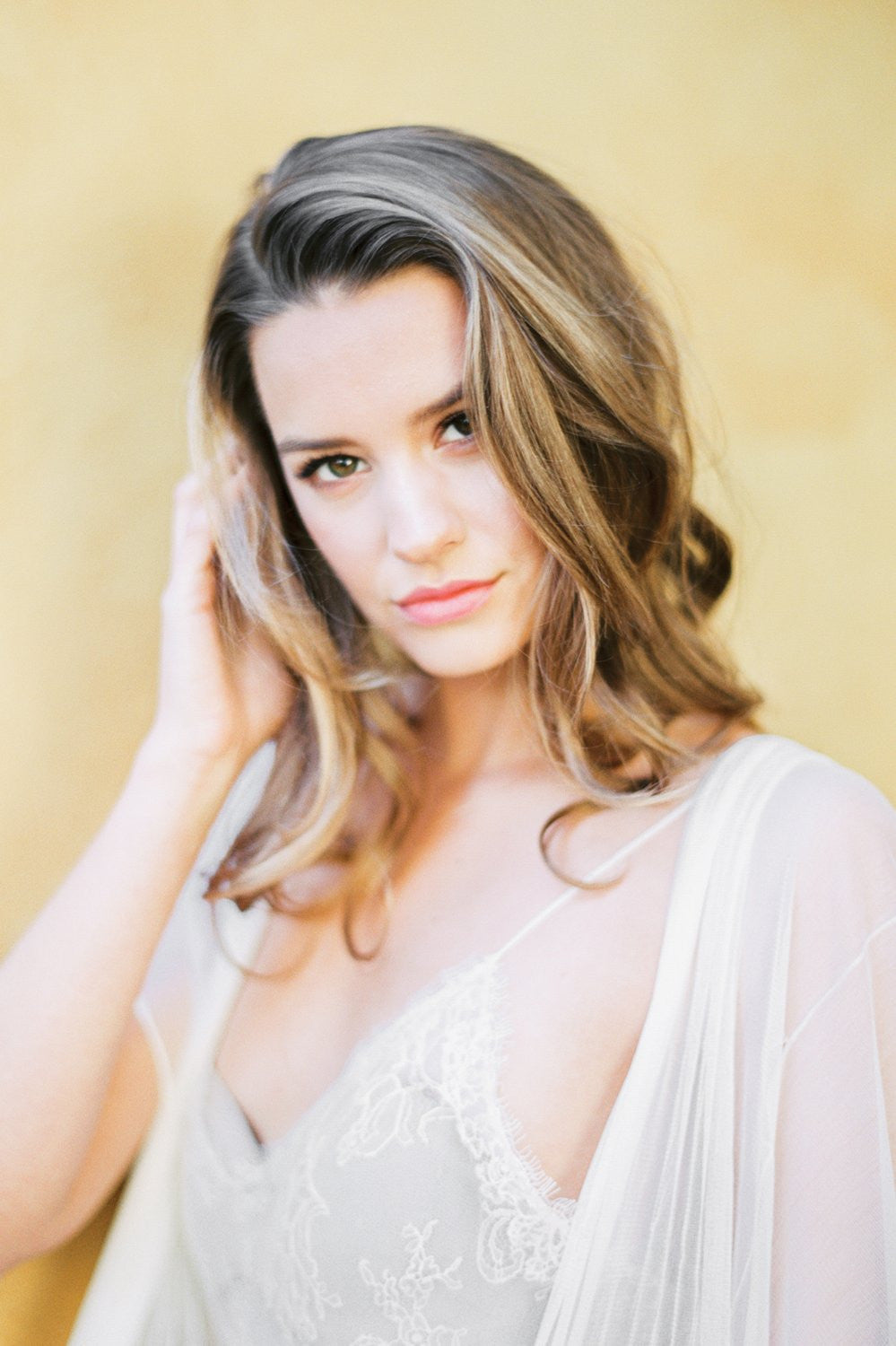 Godiva French Lace Silk Tulle Cape gown In Ivory