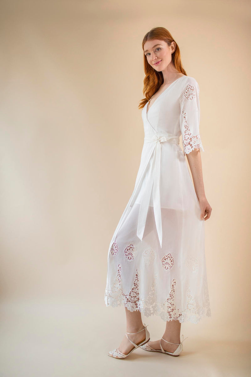 Azalea Broderie Anglaise crochet wrap maxi robe dress