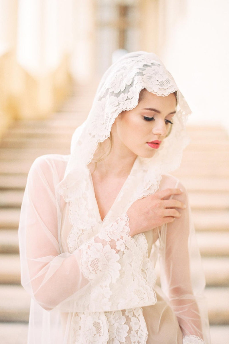 Amalfi Hooded Tulle sheer Lace Bridal Robe Honeymoon