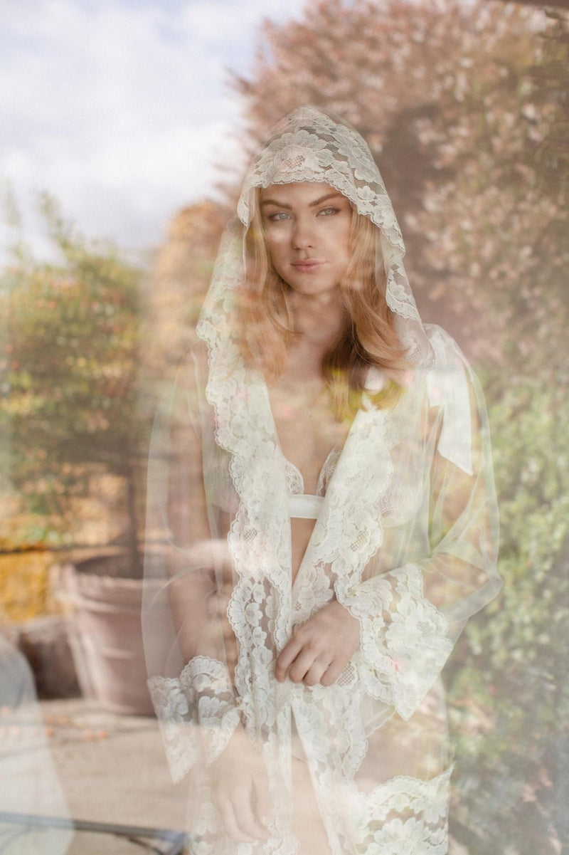 Amalfi Boudoir Hooded Tulle & French Lace Robe kimono