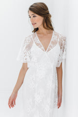 Anita Midi lace robe with flutter kimono sleeves in Ivory wedding shower silk dress cover up