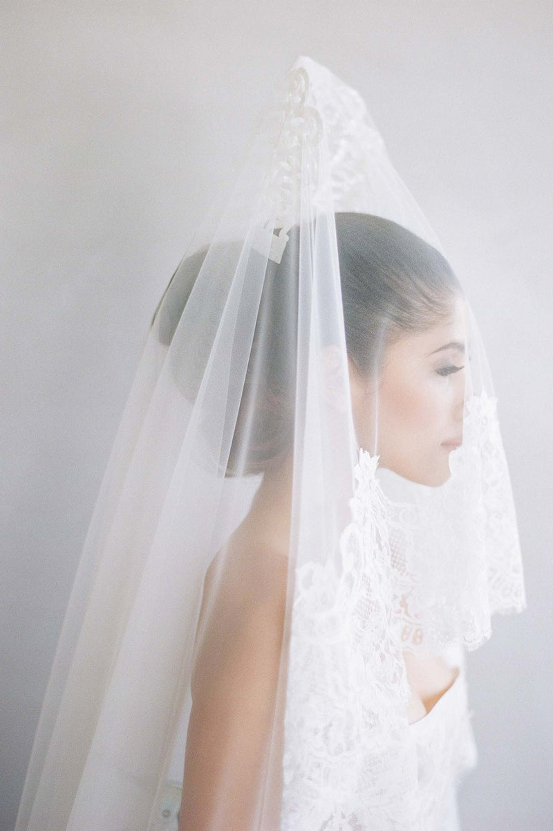 Madrid French lace mantilla blusher veil in ivory Elizabeth Messina bride