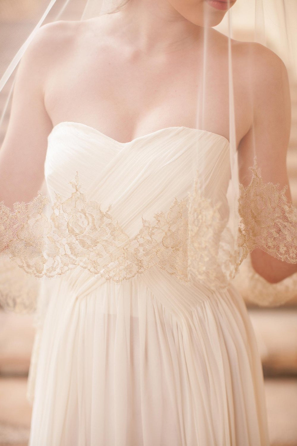 Gilded French Lace drop veil in Ivory Gold