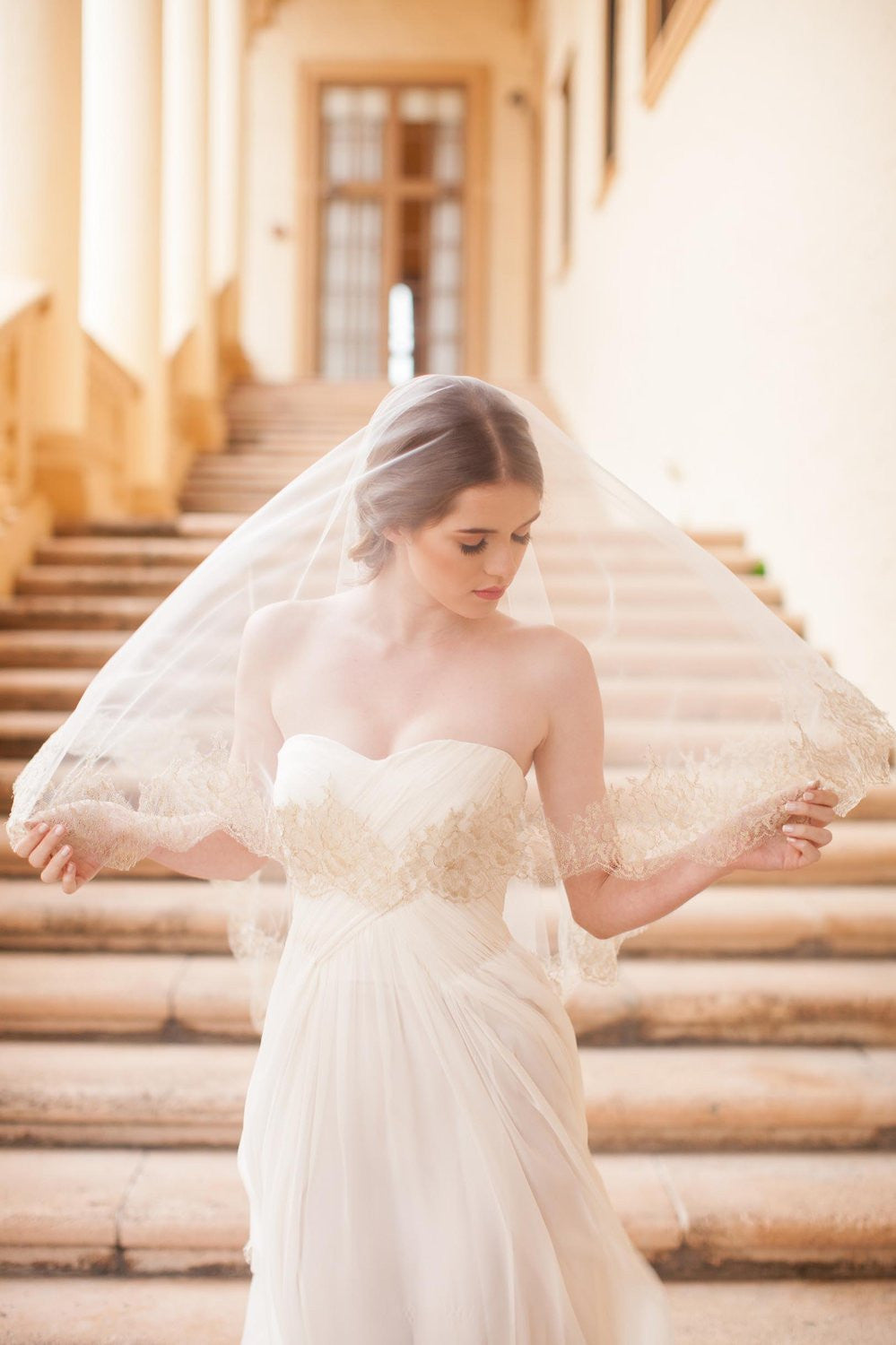 Gilded French Lace drop veil in Ivory Gold