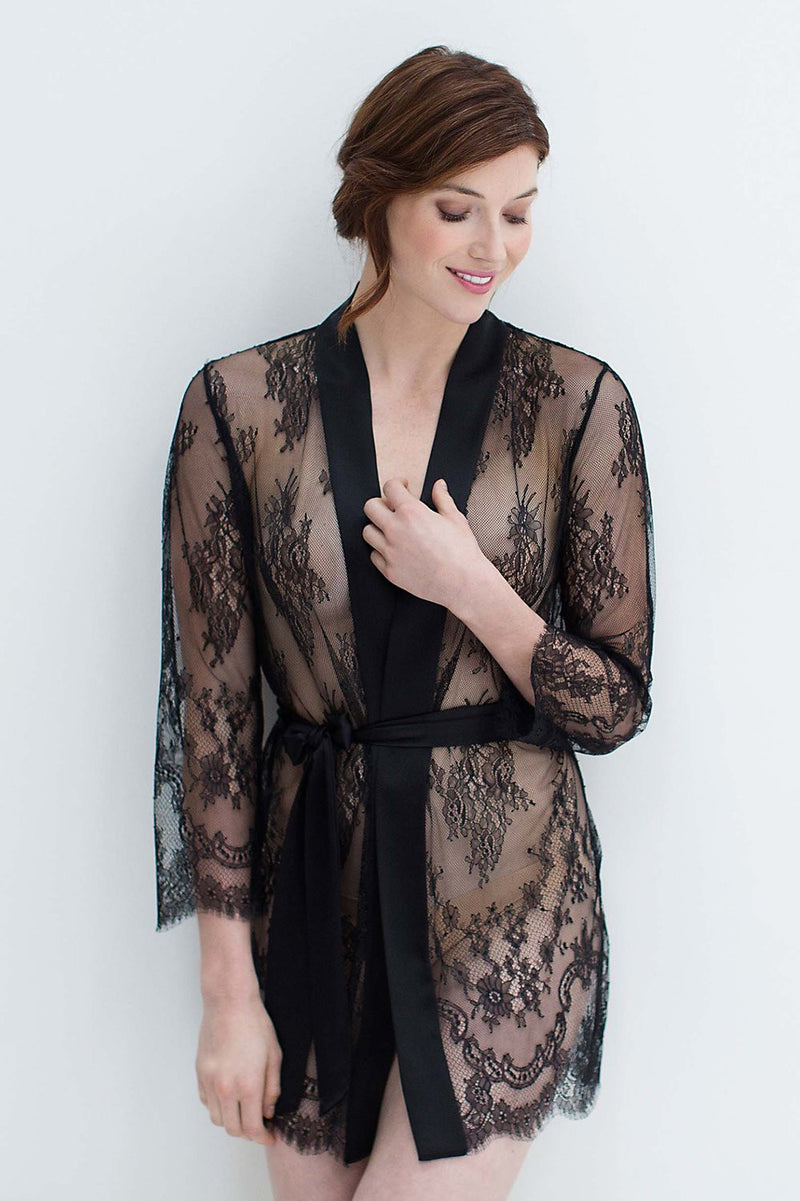 Art deco lace robe in Black bridal women cover up sheer engaged wedding
