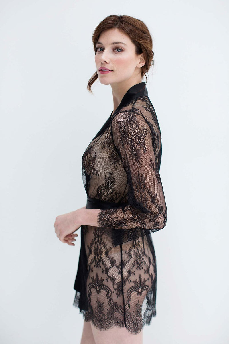 Art deco lace robe in Black bridal women cover up sheer