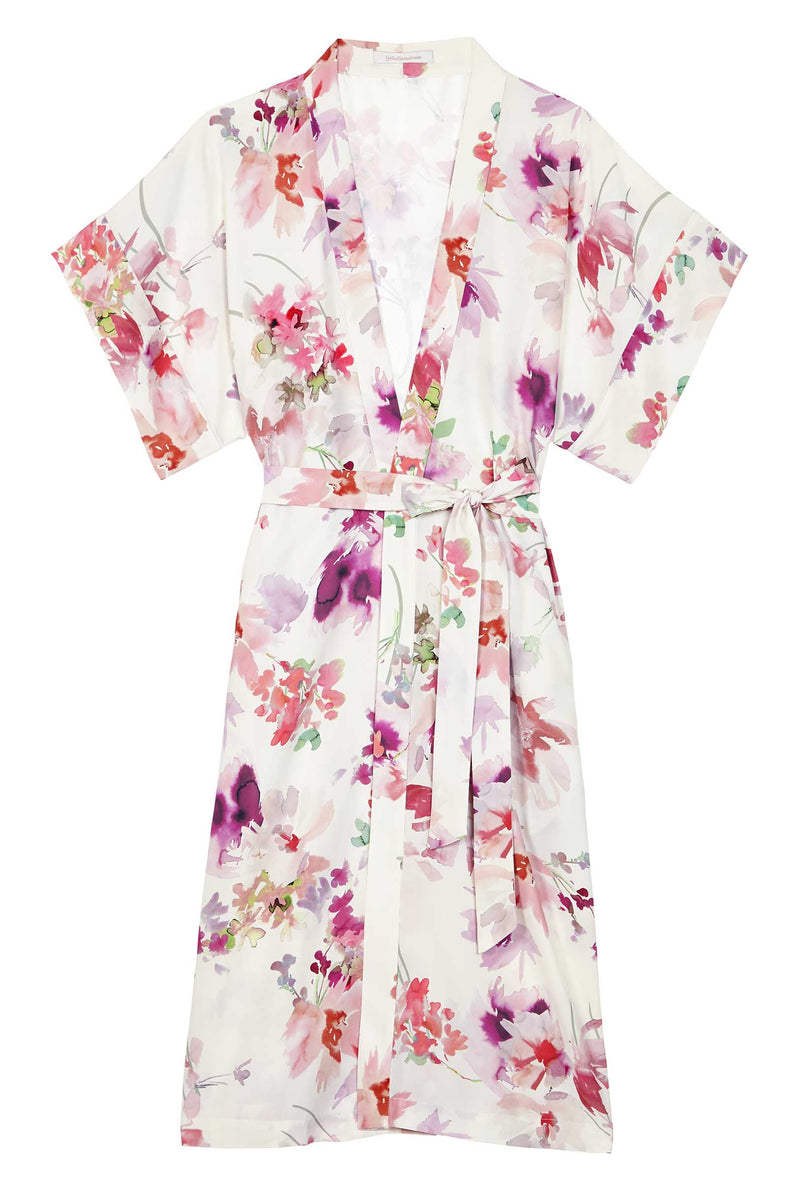 Daphne Long Midi Silk Kimono Robe in Cherry Blossom