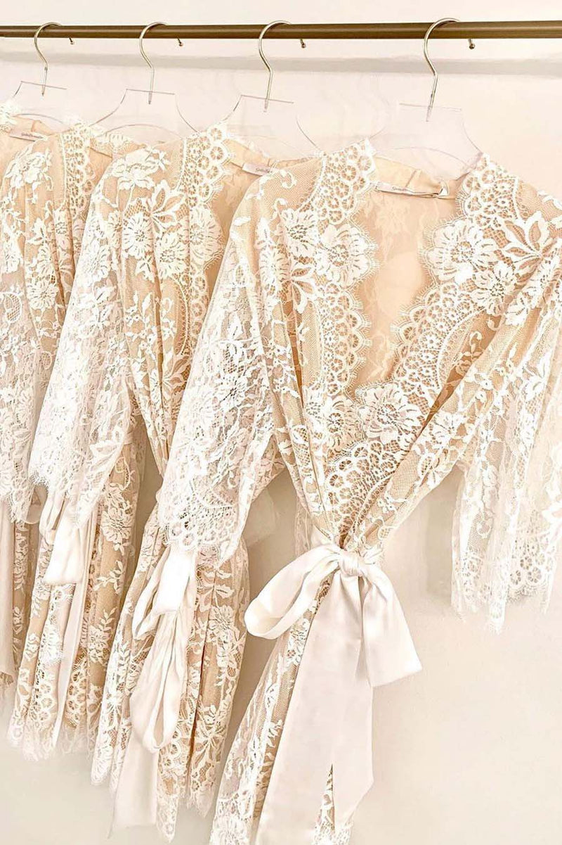 Swan Queen silk and lace robe kimono Ivory with nude lining - style 104SH