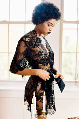 Swan Queen French lace kimono robe in Black