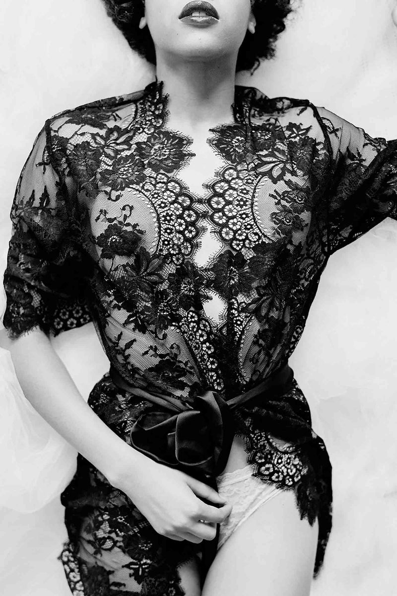 Swan Queen French lace kimono robe in Black