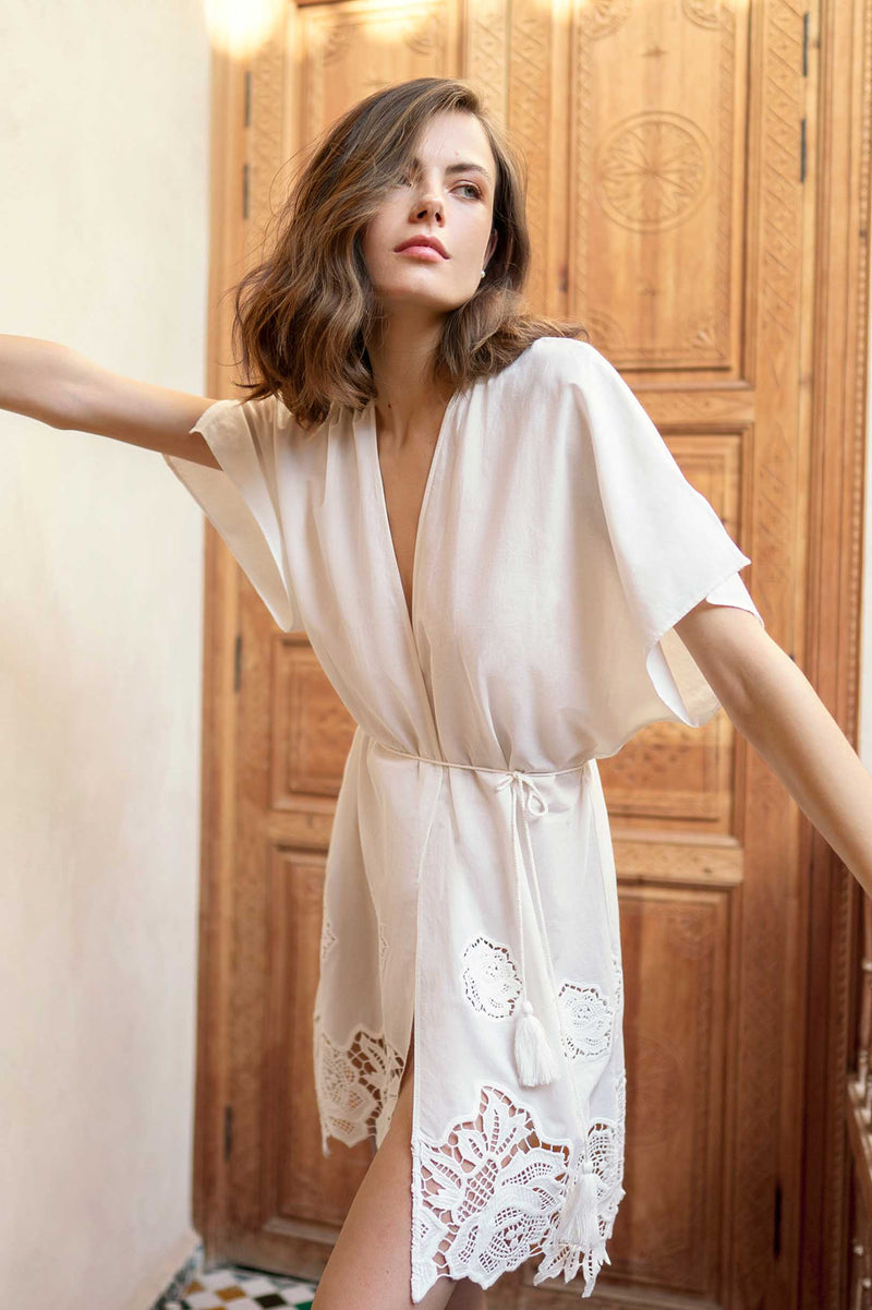 Venice Dolman embroidered crochet robe in ivory