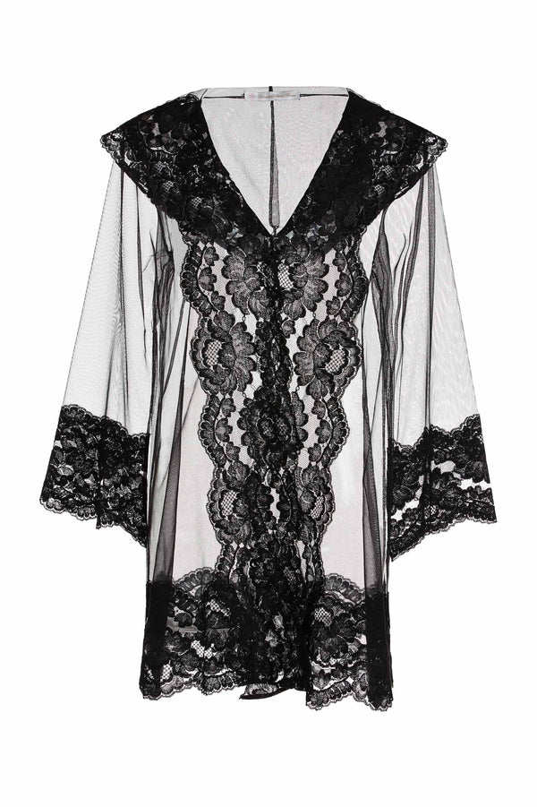 Amalfi Hooded Tulle French Lace boudoir kimono robe Black