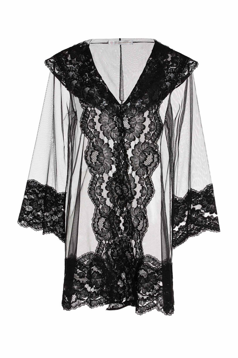 Black Almalfi Hooded Lace Robe bridal Trousseau 