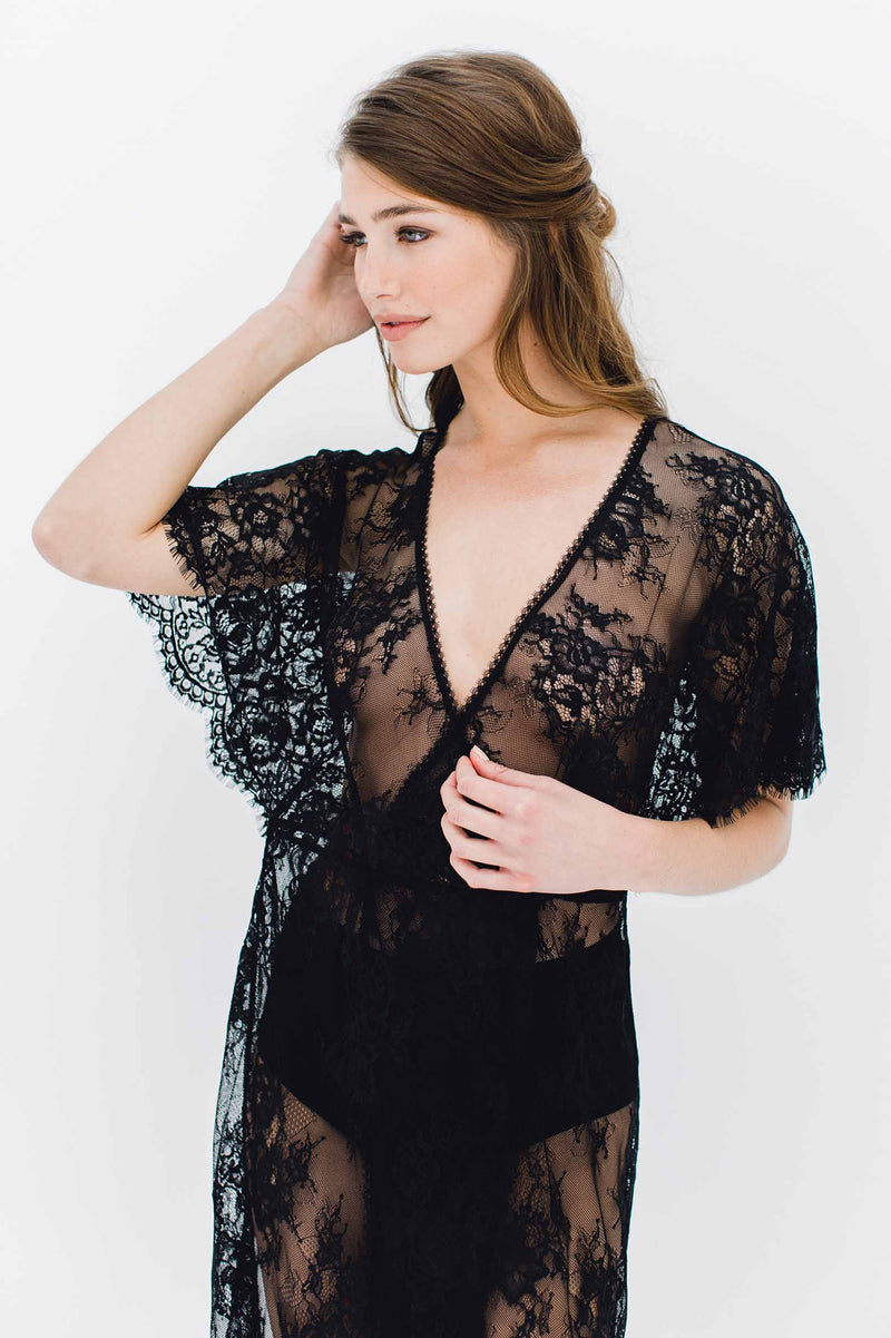 Anita Midi lace robe with flutter kimono sleeves in Black honeymoon night cover up