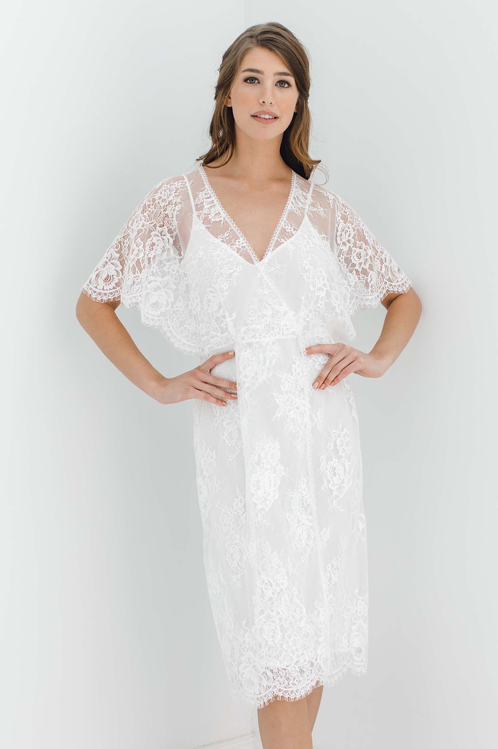 Anita Midi lace robe with flutter kimono sleeves in Ivory bridal silk dress boudoir shoot