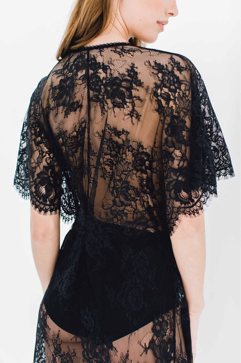 Anita Midi lace robe with flutter kimono sleeves in Black floral lace sheer wrap