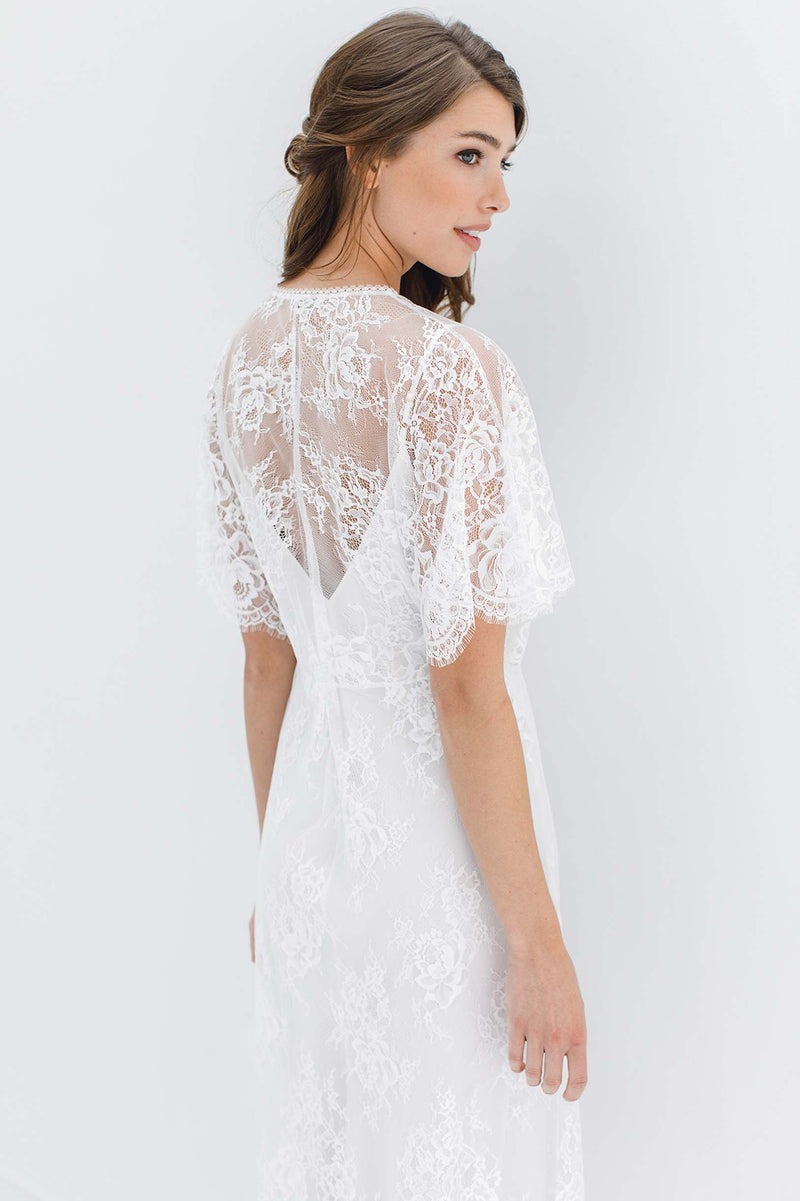 Ivory Midi lace robe with flutter kimono sleeves bridal slip cover up