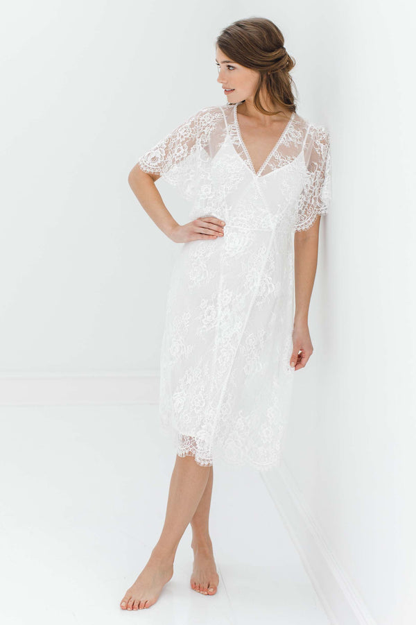 Anita Midi lace robe with flutter kimono sleeves in Ivory engaged silk dress