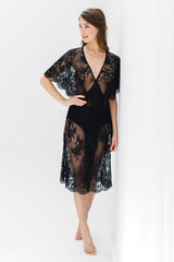 Anita Midi lace robe with flutter kimono sleeves in Black women's robe bride engaged dress