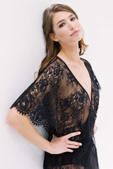 Anita Midi lace robe with flutter kimono sleeves in Black bridal lingerie