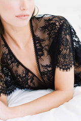 Anita Midi lace robe with flutter kimono sleeves in Black engaged wedding night
